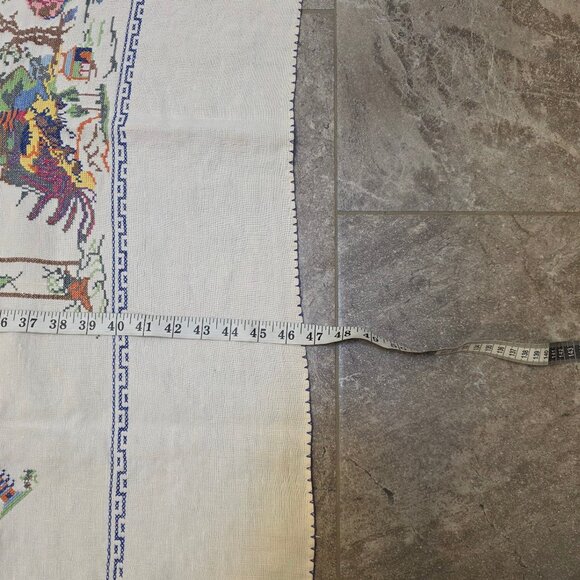 Vintage Hand-Embroidered Cross Stitch Pagoda Garden Asian Tablecloth 46" Square - Picture 4 of 5